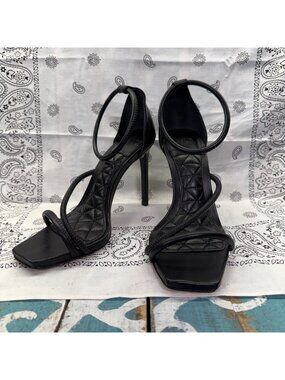 New Gaiah Stiletto High Heel Sandals in Black Nappa Leather Womans Sz 5B